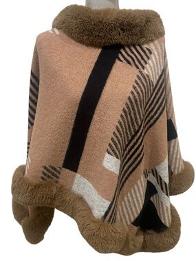 Nwot AZ Faux Fur Trim Poncho cape Tan & Black graphic colorblock print one size